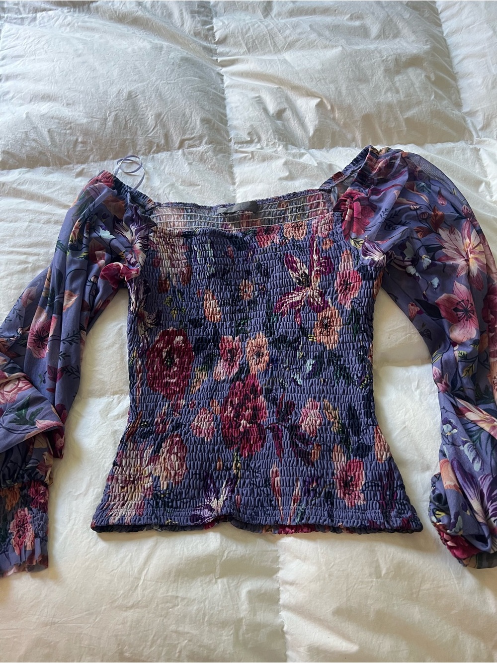 Anthropologie Lavender Floral Smocked Camisole with Sheer Puff Sleeves